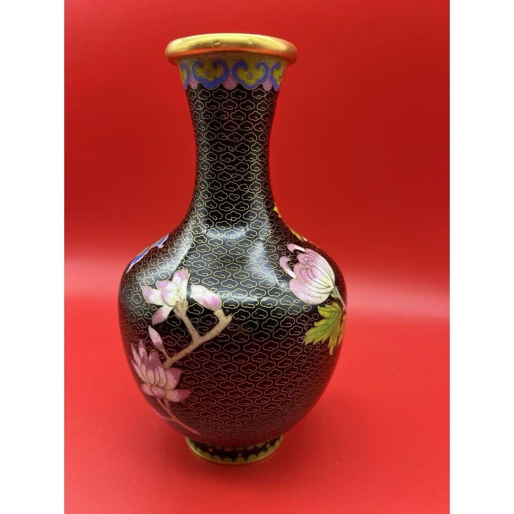 Vintage Chinese Cloisonne Enamel Vase Black Multicolor Flowers Butterfly 8.25